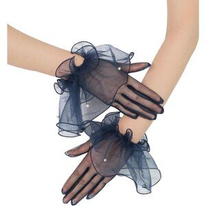 Women's Navy Evening Tulle Mesh Short Gloves Formal Costume Wedding Party Tea